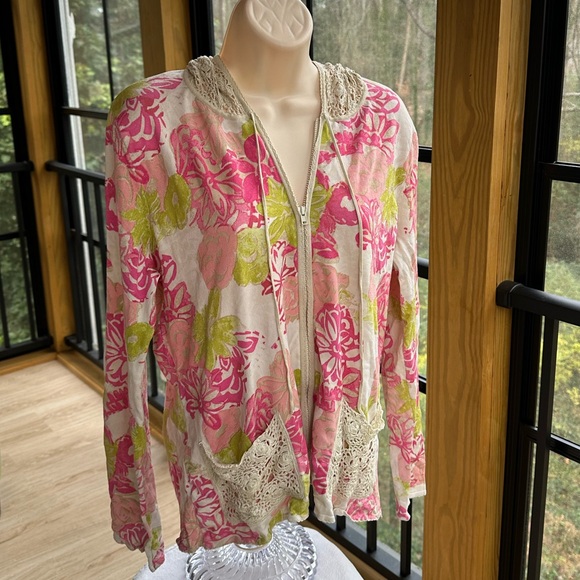 Sigrid Olsen Silk/Rayon Knit Zip-Up Sweater With Crochet Lace Pockets & Hood ~ M - Picture 6 of 16